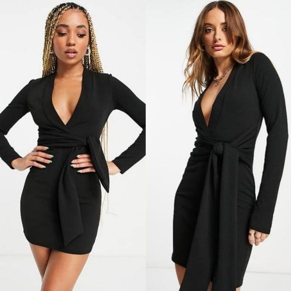 ASOS Dresses & Skirts - ASOS DESIGN Black Long Sleeve V Neck Mini Dress with Tie Belt in